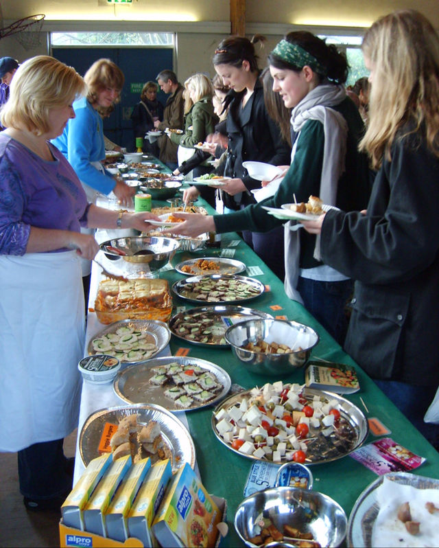 Free food sampling at a vegan fair in Birmingham